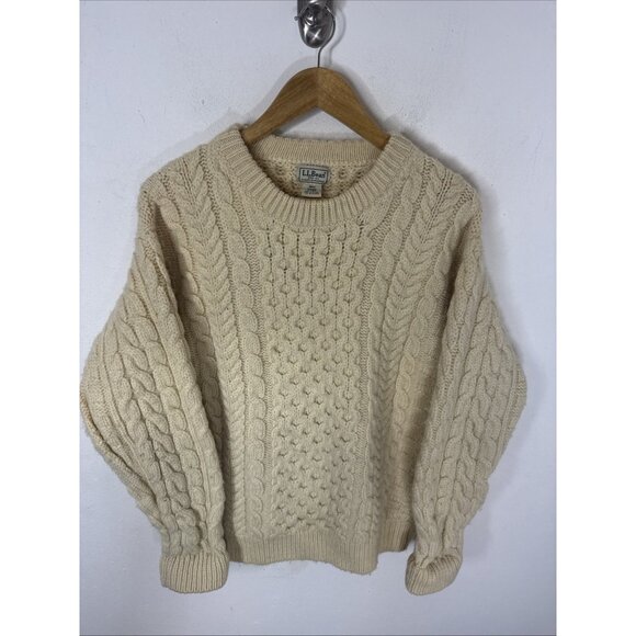 L.L.Bean Women’s M/L Wool Fisherman Sweater Aran Cable Knit Cream Ireland - Picture 1 of 6